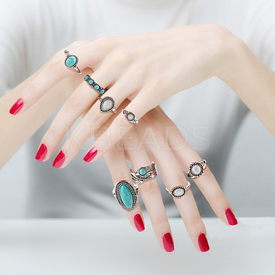 15Pcs 15 Style Oval & Teardrop & Feather Synthetic Turquoise Pendants Multi-layer Necklaces & Finger Rings SJEW-AN0001-43-1