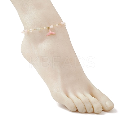 4Pcs 4 Styles Brass Handmade Natural Morganite & Amethyst & Labradorite & Green Onyx Agate(Dyed & Heated) Nuggets Link Chain Alloy Enamel Whale Tail Charm Anklets for Women AJEW-AN00709-1