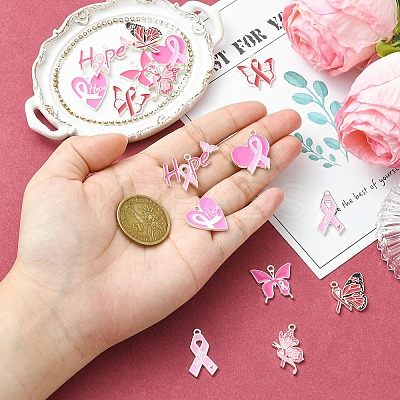 16Pcs 8 Styles Breast Cancer Pink Awareness Ribbon Theme Alloy Enamel Pendants ENAM-YW0006-40-1