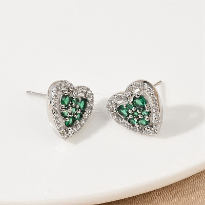 Heart Brass Micro Pave Cubic Zirconia Stud Earrings EJEW-M082-15P-1