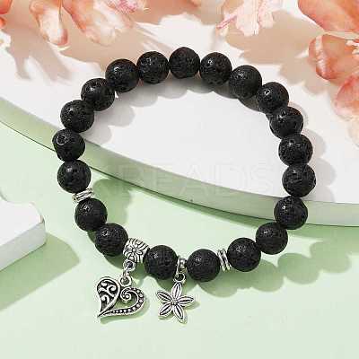 Natural Lava Rock Round Beaded Stretch Bracelets BJEW-JB09900-01-1