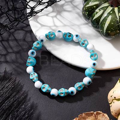 Halloween Dyed Synthetic Turquoise Skull & Lampwork Evil Eye Round Beaded Stretch Bracelets for Women Men BJEW-JB12268-02-1