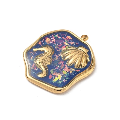 304 Stainless Steel Epoxy Resin with Natural Shell and Sequins Inside Pendants STAS-L026-17G-N04-1