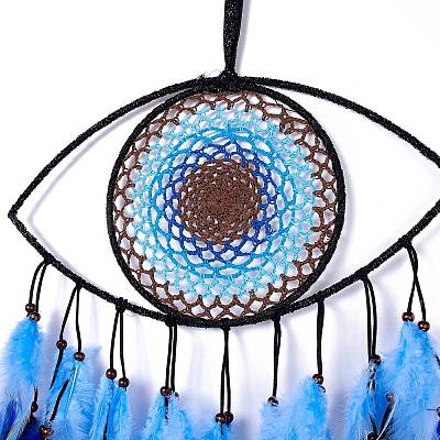 Handmade Evil Eye Woven Net/Web with Feather Wall Hanging Decoration LS-HJEW-K035-07-1