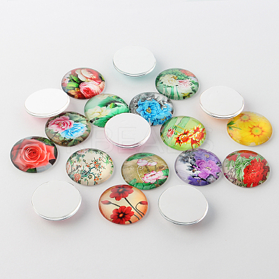 Flower Printed Glass Cabochons GGLA-A002-12mm-BB-1