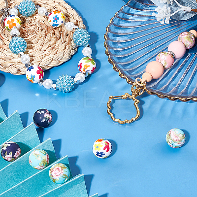 30Pcs 5 Styles Round with Flower Food Grade Eco-Friendly Silicone Beads SIL-SC0002-02-1