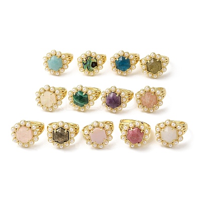 Ion Plating(IP) Natural Mixed Gemstone Hexagon Adjustable Ring with Plastic Pearl Beaded RJEW-E075-03G-1