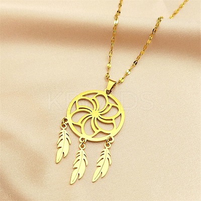 Woven Net/Web with Feather 201 Stainless Steel Boho Pendant Necklaces for Women NJEW-G087-03G-1