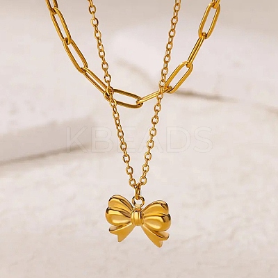 304 Stainless Steel Bowknot Pendant Necklaces LS-NJEW-L182-001G-04-1