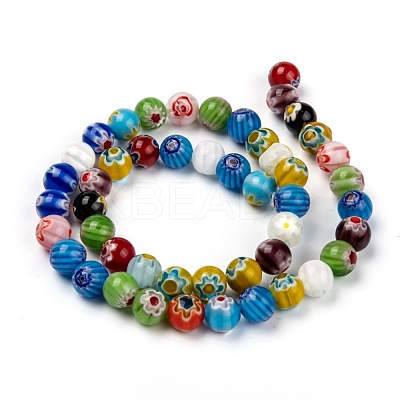 Millefiori Glass Round-Single Flower Bead Strands LK14-1