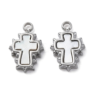 304 Stainless Steel Pave Natural White Shell Cross Charms STAS-S163-26P-1