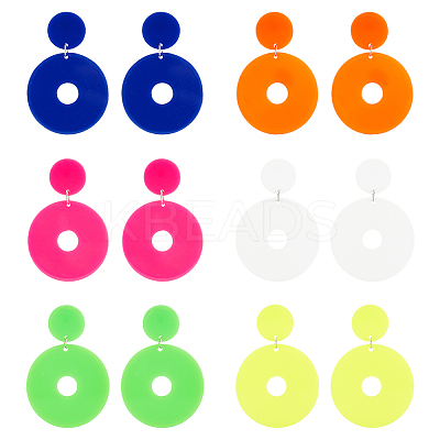 6 Pairs 6 Colors Acrylic Donut Dangle Stud Earrings with Steel Iron Pins for Women EJEW-AN0004-38-1