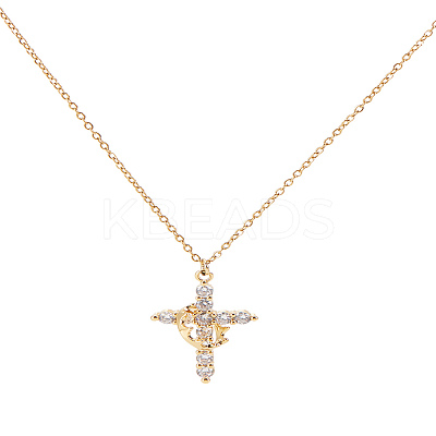 1Pc Brass Crystal Rhinestone Rotatable Crown Cross Pendant Cable Chain Necklaces for Women NJEW-LP0001-30-1