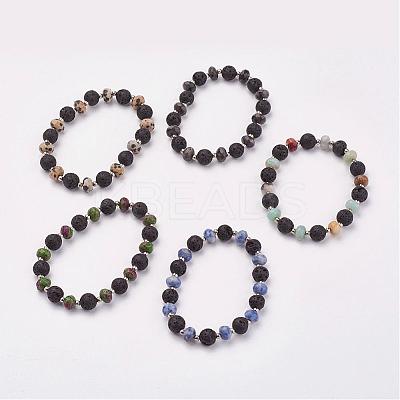 Natural & Synthetic Mixed Stone & Lava Rock Stretch Bracelets BJEW-JB03071-1
