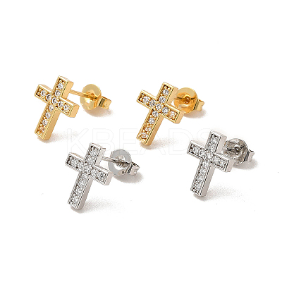 Clear Cubic Zirconia Cross Stud Earrings EJEW-F301-01-1