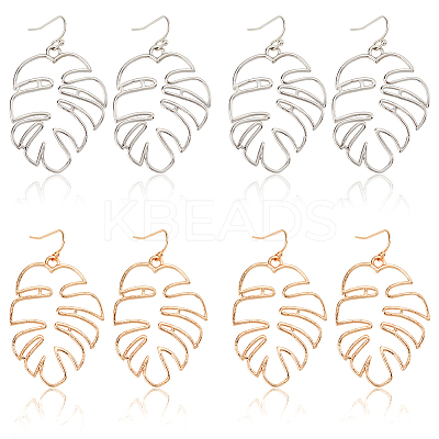 4 Pairs 2 Colors Alloy Hollow Out Monstera Leaf Dangle Earrings for Women EJEW-AN0001-18-1
