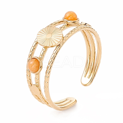 Natural Gemstone and Flat Round Open Cuff Ring RJEW-B039-02G-1