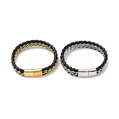 Leather & 304 Stainless Steel Braided Curb Chains Cord Bracelet with Magnetic Clasp for Men Women BJEW-C021-19-1
