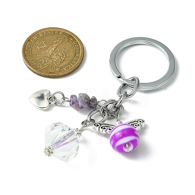Gemstone Chip & Alloy Heart Pendant Keychain with Angel Acrylic Charm KEYC-JKC00541-1