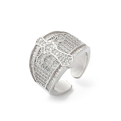 Brass Micro Pave Clear Cubic Zirconia Open Cuff Rings for Women RJEW-A059-04P-1