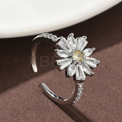 Flower Brass Micro Pave Cubic Zirconia Cuff Rings for Women RJEW-A069-01A-P-1