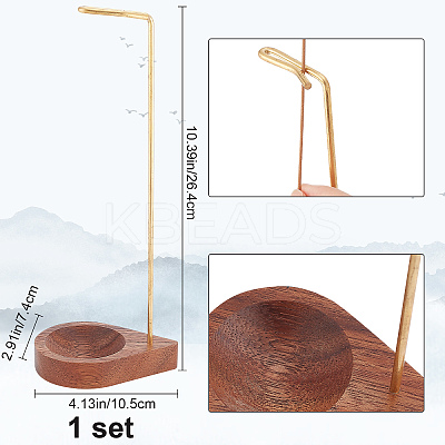 Brass Reverse Style Incense Burner Holder with Wood Teardrop Ash Catcher Tray AJEW-WH0258-702-1