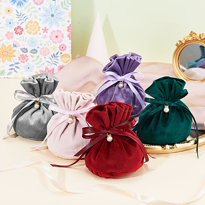 Velvet Jewelry Bags with Drawstring & Plastic Imitation Pearl TP-CJC0001-03F-1