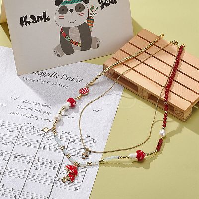 2Pcs 2 Style Alloy Enamel Mushroom Pendant Necklaces Set NJEW-JN04095-1