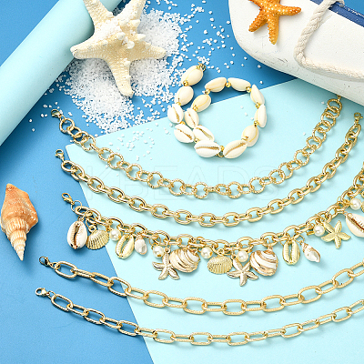 6Pcs 6 Styles Ocean Theme Cowrie Shell & Aluminum & Brass Alloy Cap Chain HJEW-SC0002-36-1