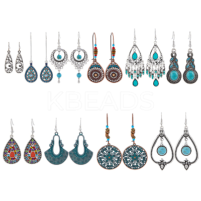 10 Pairs 10 Style Synthetic Turquoise Teardrop & Flat Round & Fan Dangle Earrings EJEW-FI0001-45-1