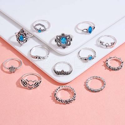 13Pcs 13 Style Aquamarine Rhinestone Tortoise & Elephant & Lotus & Crown Finger Rings Set JR939A-1