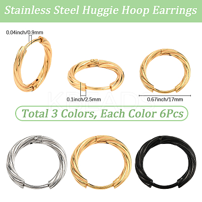 18Pcs 3 Colors 303 Stainless Steel Twist Hoop Earrings for Women EJEW-SC0001-81B-1