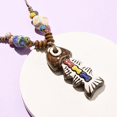 Ceramic Fish Pendant Adjustable Waxed Cord Necklaces for Women NJEW-B146-02-1