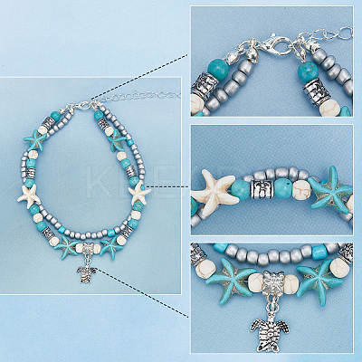 4Pcs Alloy Tortoise Charm Double Layer Multi-strand Anklet AJEW-AR0001-67-1
