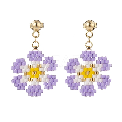 Glass Seed Braided Flower Dangle Stud Earrings EJEW-MZ00015-02-1