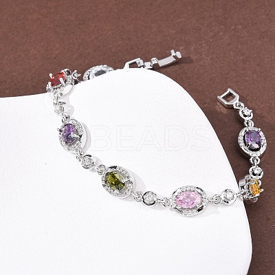 Oval Brass Micro Pave Cubic Zirconia Link Chain Bracelets for Women BJEW-D387-04P-06-1