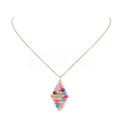 Natural Mixed Gemstone Beaded Rhombus Pendant Necklace NJEW-JN04319-1