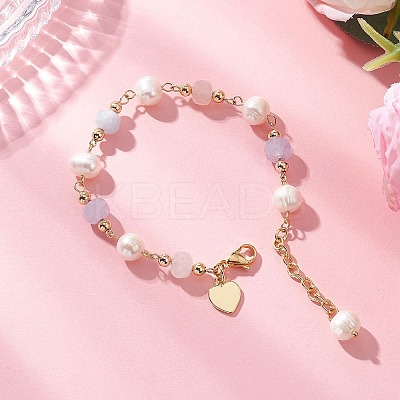 Round Natural Cultured Freshwater Pearl & Natural Lavender Amethyst & Aquamarine & Madagascar Rose Quartz Beaded Link Bracelets for Women BJEW-JB12807-1