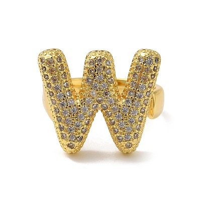 Letter Brass Micro Pave Clear Cubic Zirconia Open Cuff Ring for Women RJEW-N046-03W-G-1