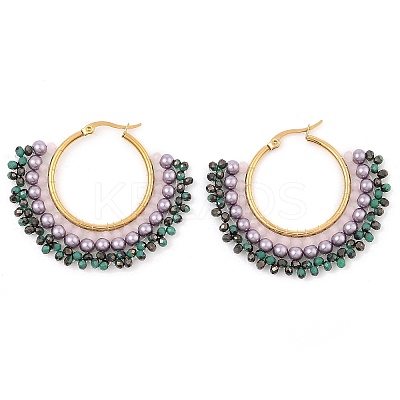 304 Stainless Steel & Bohemian Beaded Fan Hoop Earrings for Women EJEW-R001-01G-02-1