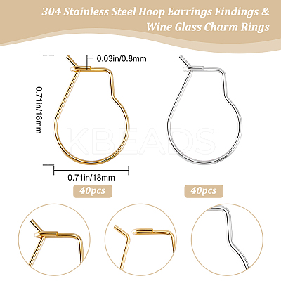 80Pcs 2 Colors  304 Stainless Steel Hoop Earrings Findings STAS-BBC0003-15-1