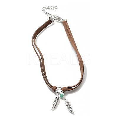 Bohemian Style Alloy Feather with Synthetic Turquoise Pendant Choker Necklaces for Women LS-NJEW-G158-01B-1