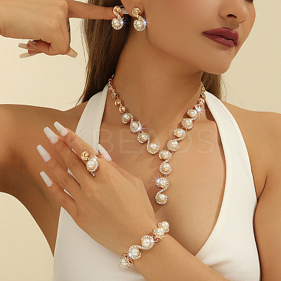 Letter S Alloy Crystal Rhinestone & Plastic Imitation Pearl Chain Necklaces & Stud Earrings & Link Bracelets & Rings Sets FS-WG52E62-01-1