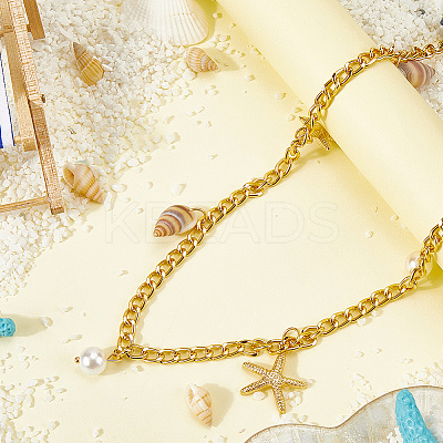 Bohemian Natural Shell & Plastic Imitation Pearl Tassel Chain Belts AJEW-CY0001-06B-1