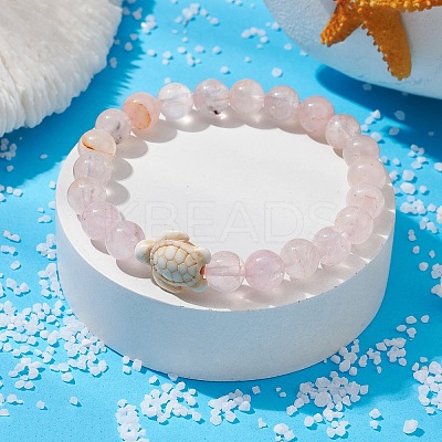 Natural Rose Quartz Round & Synthetic Turquoise Turtle Beaded Stretch Bracelet for Women BJEW-JB09700-02-1