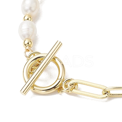Natural Cultured Freshwater Pearl Beads Paperclip Chains Heart Charm Bracelets with Toggle Clasps for Women BJEW-JB10193-1