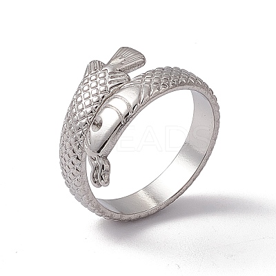 Non-Tarnish 304 Stainless Steel Ring Arowana Fish Wrap Open Cuff Ring for Women LS-RJEW-C045-21P-1
