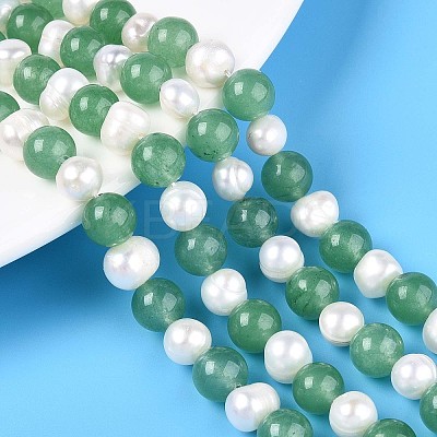 Dyed Natural White Jade Round & Natural Cultured Freshwater Pearl Grooved Potato Beads Strands PEAR-N019-02-1