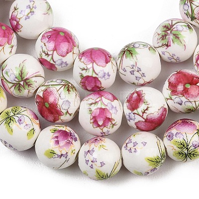 Handmade Flower Printed Porcelain Ceramic Beads Strands PORC-M007-10mm-17-1