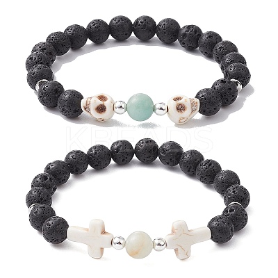 2Pcs 2 Style Skull & Cross & Round Natural & Synthetic Mixed Gemstone Beaded Stretch Bracelets Set BJEW-JB09519-1